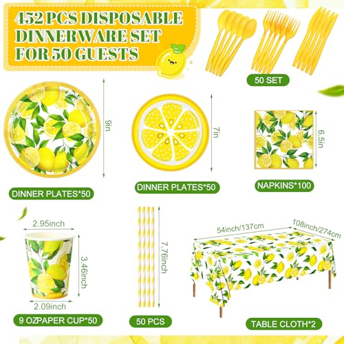 Image of Funnymoom 452 Pcs Lemon Party Decorations, Yellow Lemons Paper Plates Napkins Cups Tablecloth Cutlery Straws for Summer Fruit Theme Birthday Wedding Baby Shower Party Supplies, Serves 50