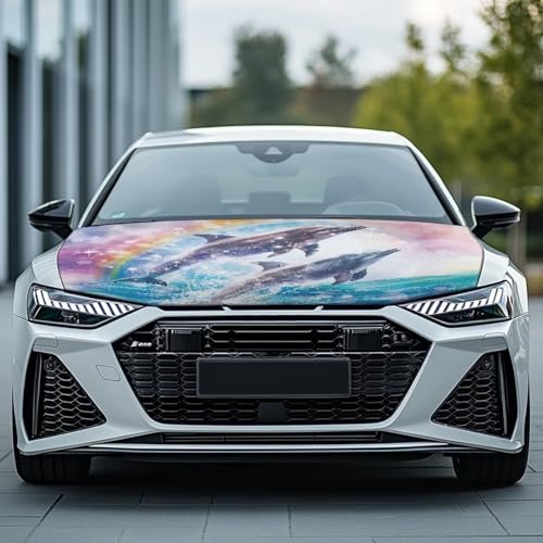 Image of Dolphin Rainbow Print Car Hood Cover Weather-Resistant Automotive Hood Covers Elastic Fabrics Car Bonnet Banner Outdoor Indoor Foldable Protective Cover