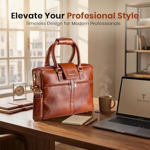 Image of Full Grain Genuine Leather Laptop Bag, with 15.6 inch Padded Laptop Compartment and Adjustable Shoulder Strap
