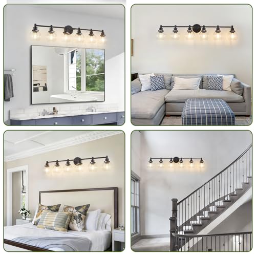 Image of 6-Light Bathroom Light Fixture Black Vanity Lights Over Mirror Modern Wall Sconce Farmhouse Vintage Bathroom Vanity Lighting with Glass Shade for Bedroom Hallway Cabinet Bathroom