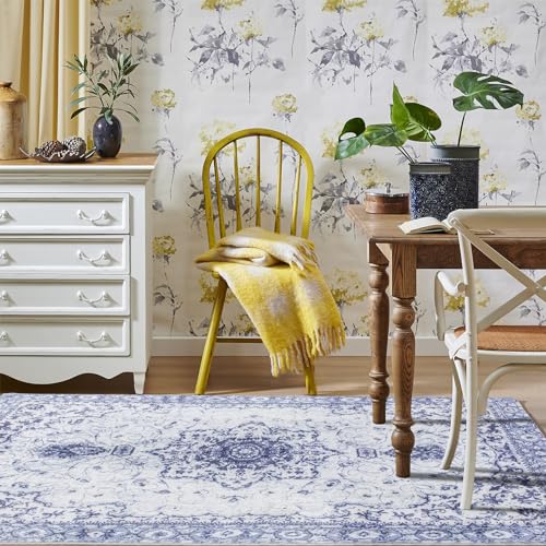 Image of Sofrug Vintage Floral Area Rug 5'x7' Honeycomb Non-Slip Backing - Blue Thicker Faux Wool Rug - Foldable & Machine Washable Rug for Living Room Bedroom Dining Room Home Office Decor