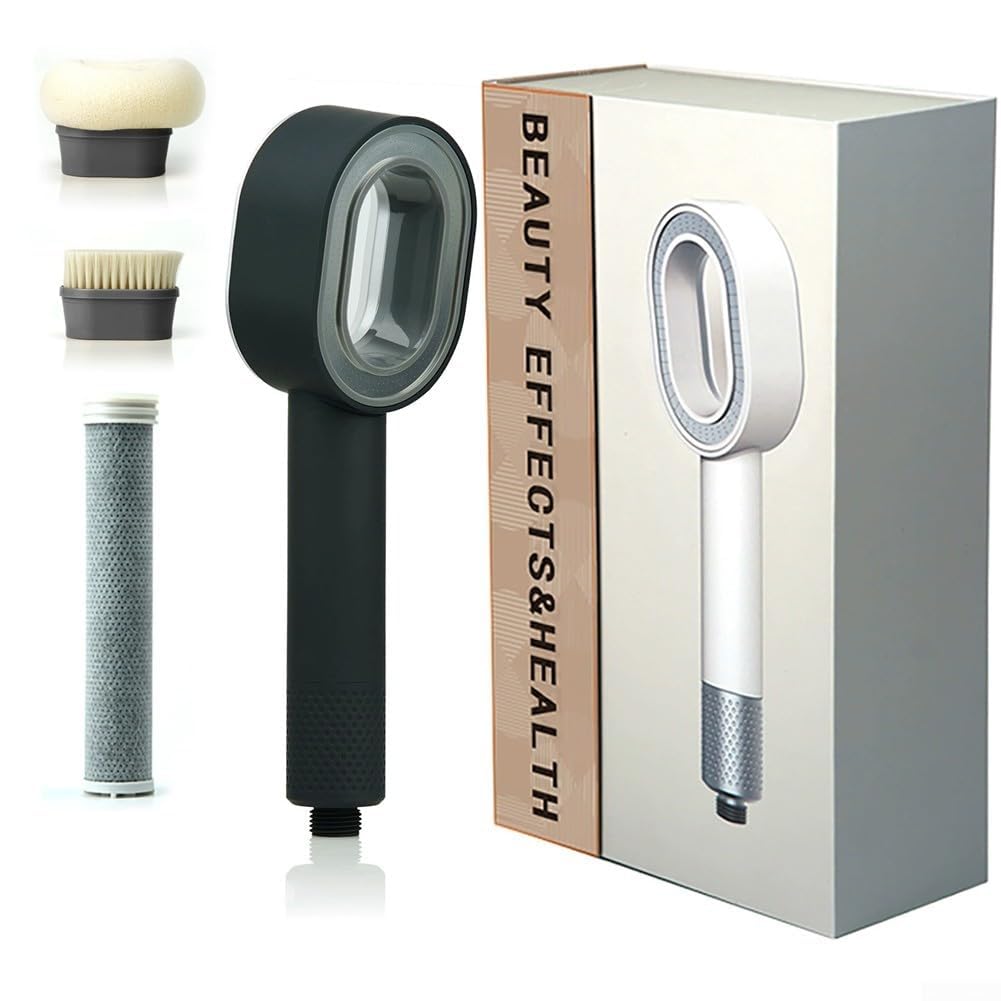 igh Pressure - Soffione doccia con filtro, spruzzatore manuale in spugna da 7,6 cm, per anticalcare e acqua dura, attacco rubinetto del bagno in ABS con testine a spazzola, strumento (nero)