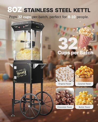 Image of 8 oz Popcorn Machine Cart, Popcorn Maker Machine with Stainless-Steel Kettle Makes Up to 32 Cups, Movie Theater Style Pop Corn Machine with Heated Warming Deck, Upgraded, Black