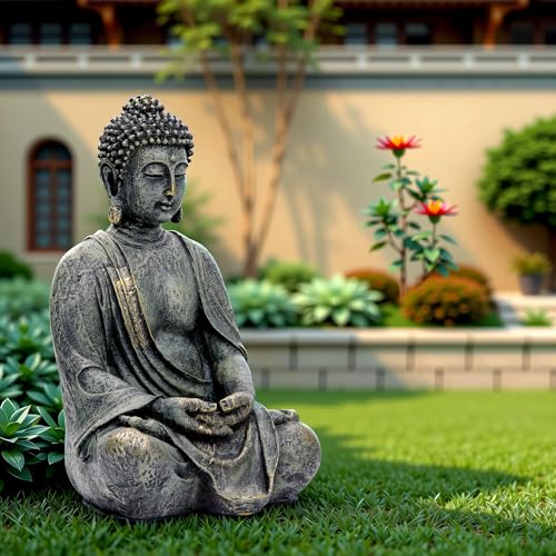 Statue Bouddha jardin 38cm grand modèle assis en résine zen - 5