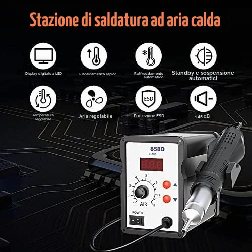 858D Stazione di saldatura ad aria calda, saldatore ad aria calda, display digitale 100-480°C, 700W, 4 ugelli per BGA, SOIC, CHIP, QFP, PLCC