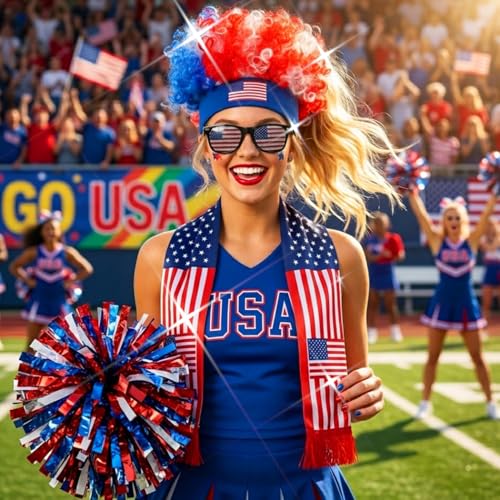 BODIY Soccer Sport Match Flag Head Accessories Football Fans Wig Flags Scarf Game Day Glasses for Men and Women (America) - Thumbnail 2