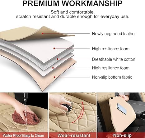 Image of Front Car Seat Covers - Leather Seat Covers with Storage Pocket and Two Belt Pads, Anti-Slip Waterproof Universal Seat Covers for Cars Fit Cars Trucks SUV(Beige,2 Pack)