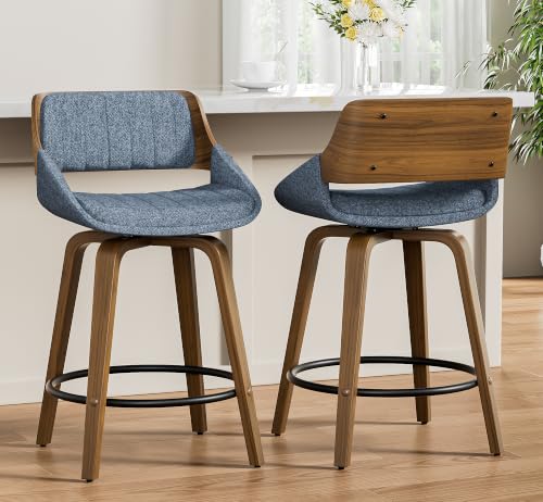 Image of YaFiti Bar Stools Set of 2, 26 inch Swivel Counter Height Barstools with Bentwood Back and Legs, Mid Century Modern Upholstered Fabric Counter Stools for Kitchen Island, Dining Room, Blue