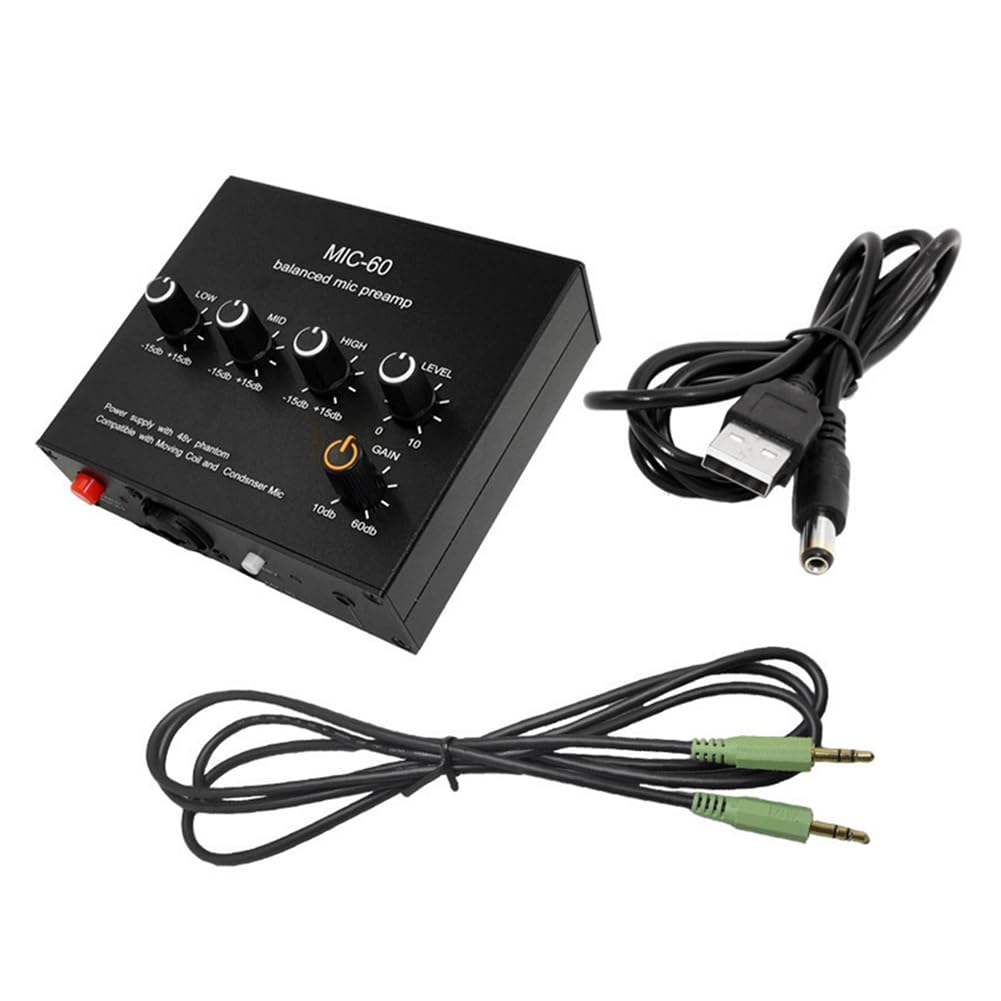 Amplificatore Microfonico Dinamico Bilanciato Amplificatore Audio Musicale MIC-60 con Alimentazione Phantom 48V con da 3,5 mm