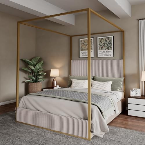 Merax Modern Luxury Queen Metal Canopy Bed with Tall Upholstered Headboard, Gold Four Poster Bed, No Box Spring Needed, Beige