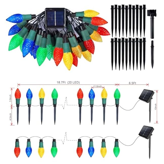 Homeleo 20 LED Solar C9 Christmas Lights Outdoor, 2-in-1 C9 Christmas Pathway Lights & String Lights for Outdoor Christmas Decorations Yard Front Porch Door Wreaths Window Tree Decor