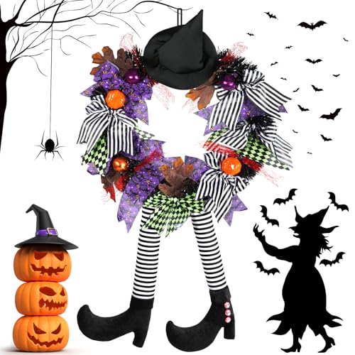 NEMMXUB 35cm Decoración de Corona de Halloween, Corona de Bruja de Halloween, Corona de Bruja con pies y Sombrero de Bruja y Calabaza, Corona de Halloween,...