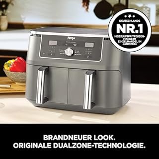 Ninja Dual Zone Digital Air Fryer, 2 Schubladen, 6-in-1, Heißluftfritteuse, 9,5L, Heißluft-Frittieren, Max Crisp, Rösten, Backen, Aufwärmen, Spülmaschinenfeste Körbe, Metallic Grau DZ400EU