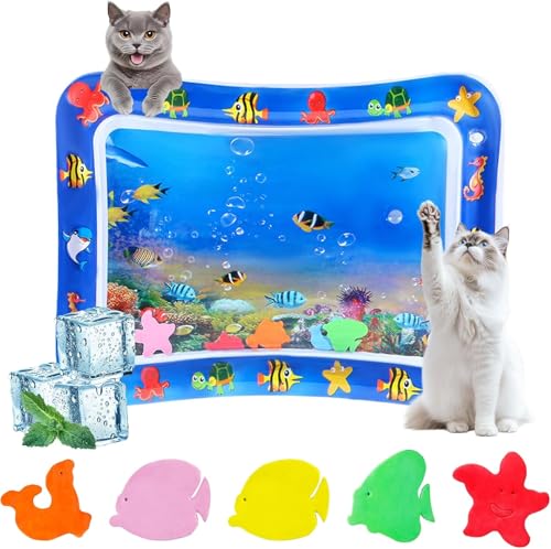 Kfeoctr Kühlmatte Katze Wassermatte Katze PVC kühldecke Katze mit 5 Plastiks Fisch Sensorische Wassermatte Katzes Sommer Katzenspielzeug Interaktiv für Katzen Drinnen & Draußen 67 * 51CM