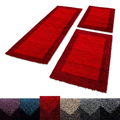 Unbekannt Shaggy Hochflor Teppich Carpet 3TLG Bettumrandung Läufer Set Schlafzimmer Flur, Farbe:Rot, Bettset:2x60x110+1x80x150
