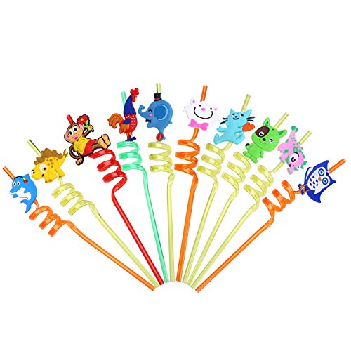 Lokipa - 10 pajitas de fiesta de animales, con espiral, reutilizables, de plástico, para niños Cover