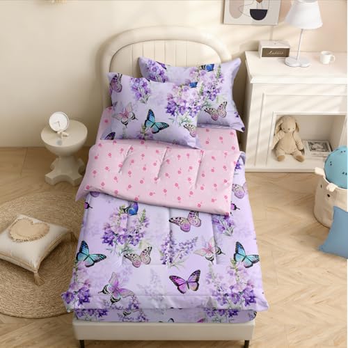 Image of Kids Comforter Set,Zipper Bedding Twin for Girls,Purple Butterfly Printed Comforter Set with Color Spots Fitted Sheets and Pillowcases for All Season(Purple Butterfly)