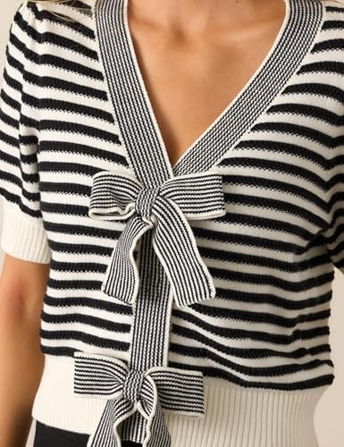Image of InterNos Womens Bow Front Short Sleeves Sweater Classic Striped V Neck Cropped Knit Pullover Tops