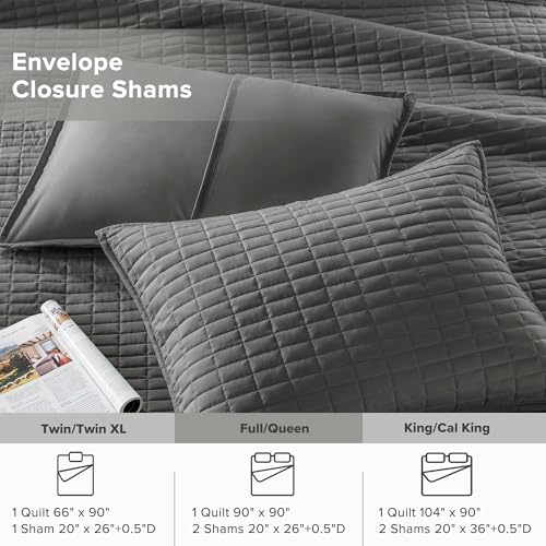 Comfort Spaces Kienna Quilt Set- Double Sided Stitching Design Summer Blanket, Lightweight, Soft, All Season Bedding Layer, Matching Sham, Charcoal, Coverlet Full/Queen(90"x90") 3 Piece