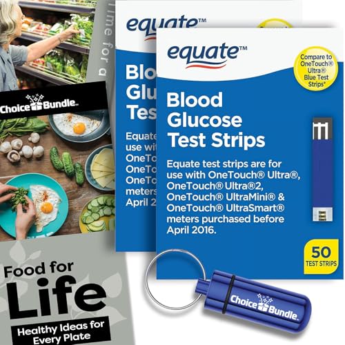 Equate Blood Glucose Test Strips for OneTouch Ultra, Ultra 2, Ultra Mini, One Touch Ultra Smart 50 Ct 2 Pk Choice Bundle (100 Total) + Food Guide & Pill Container (4 Items)!