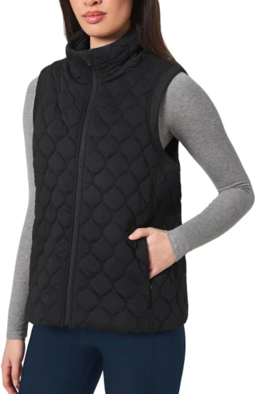 KIRKLAND Signature Women's Stretch Quilted Active Zip Up Vest (US, Alpha, Medium, Regular, Regular, Black)