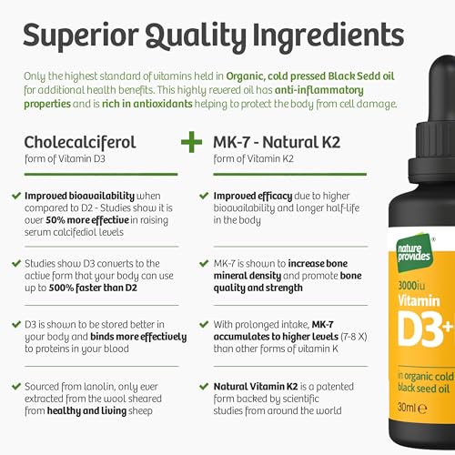Vitamin D3 & K2 (MK-7) in Organic Black Seed Oil/Nigella Sativa (30ml) - High Strength Liquid (3000IU), 100% Trans MK-7, Immune, Bone Support, Heart Health, Sublingual, Made in UK by Nature Provides - Image 5