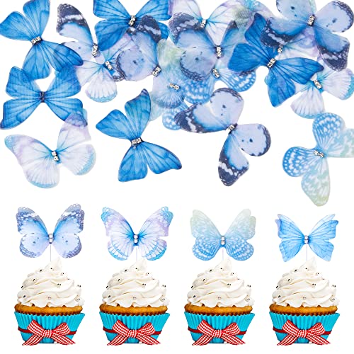 24Pcs Lively 3D Butterfly Cupcake Toppers Double Layer Butterfly Decorations for Girls Women's Happy Birthday Wedding Party Cake Wall Party Food Decorations Blue
