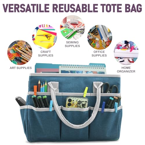 Image of Cupohus Art Organizer Craft Storage Tote Bag with Pockets and Handles, Oxford Fabric Carrying Caddy for Teacher, Officer, Artist, Traveler, and more -Dark Green