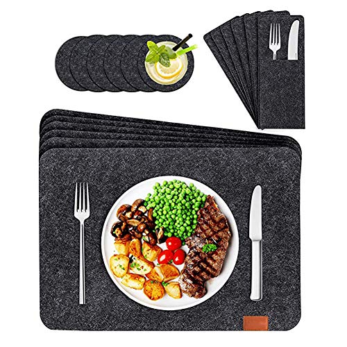 Placemats Manteles Individuales Lavables de Fieltro Juego de 6 – Incluidos Mantel Individual, Posavasos, Bolsas para Cubiertos – para la Mesa de Comedor de Cocina (Gris Oscuro)