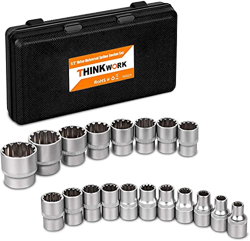 THINKWORK Steckschlüsselsätze 19PC Werkzeugset zum Herausziehen von Schrauben, Universal-Spline-Steckschlüsselsatz mit 1/2 "Antrieb, Werkzeug zum Entfernen der Mutter, Funktioniert mit SAE, metrisch Cover