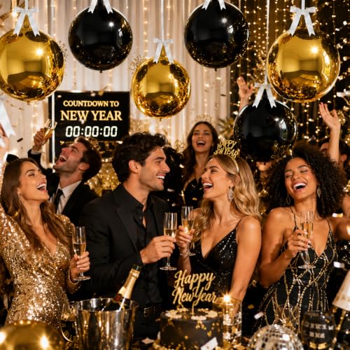 Image of 8 Pcs Black Gold Round Foil Balloons 22 Inch Metallic Gloden Black 4D Ball Balloons Ornament Mylar Balloon Chrome for Birthday Graduation Wedding Anniversary Prom New Year Disco Party Decor