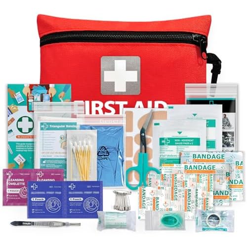 General Medi Mini First Aid Kit, 92 Pieces Small First Aid Kit – Includes Emergency Foil Blanket, Scissors for Travel, Home, Office, Vehicle, Camping, Workplace & Outdoor (Red)