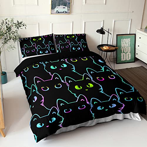 HOSIMA Cat Duvet Covers Sets for Boys and Girls Kids Cute Colorful Gradient Line Cartoon Black Cat Comforter Cover with 2 Pillowcases(Cat Double) - Image 3