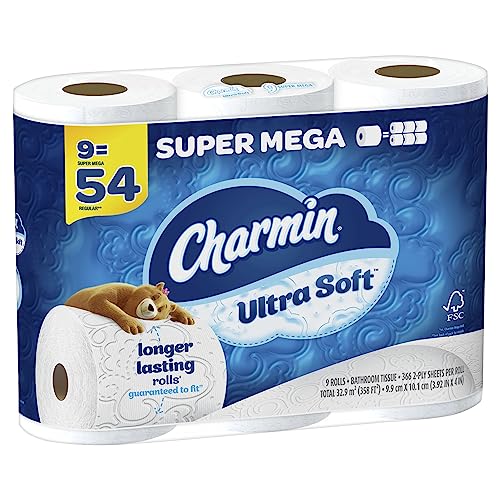 Image of Charmin Ultra Soft Super Mega 2-Ply Toilet Paper Rolls, 4 inch x 4-1 /2 inch, White, 366 Sheets Per Roll, Pack of 9 Rolls