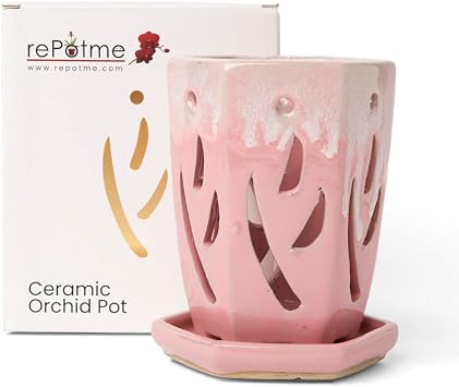 rePotme 4 x 6 inch Ceramic Orchid Pot Cream Over Cotton Candy - Hexagon Orchid Pot with Holes