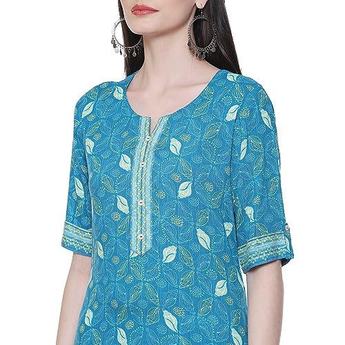 Image of Rangriti Teal Blue Liva Straight Printed Kurta for Women