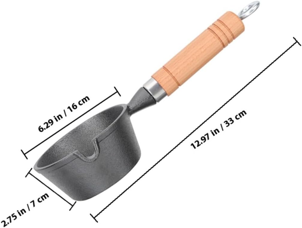 Mini Cast Iron Saucepan with Spout 16cm Diameter, Wooden Handle Small Oil Boil Pot for Stove Top Cooking, Butter Melting and Egg Boiling Pan for Kitchen Use