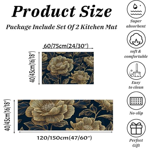 Alfombras de cocina azul oscuro florales lavables de 44×70 y 44×120 para dormitorio y pasillo 3