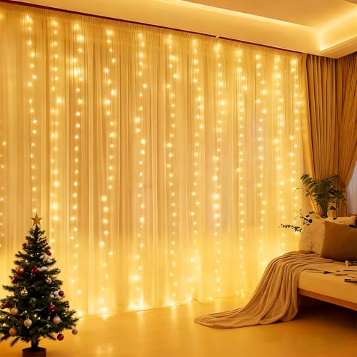 300 LED Fairy Curtain Lights 3M x 3M Curtain String Lights 8 Lighting Modes USB Plug in Hanging Lights Christmas Decoration Bedroom Indoor Weddings Party (Warm White 1 Pack)
