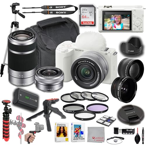 Sony ZV-E10 II Mirrorless Camera (White) + Sony 16-50mm Lens (Silver) + Sony E 55-210mm (Silver), Wide Angle and Telephoto Lens, 64GB Memory, Filters, Tripod Kit, Deluxe Case & More (35pc)