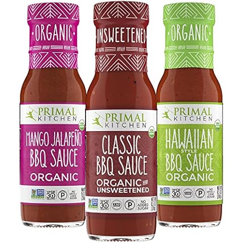 Primal Kitchen Organic BBQ Sauce 3-Pack, Made with Real Ingredients, No Cane Sugar or Corn Syrup, Includes Classic BBQ, Mango Jalapeño BBQ, and Hawaiian BBQ Cover