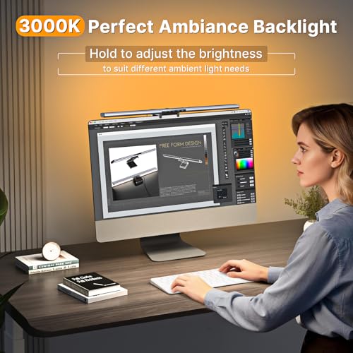 Image of Syrinx 16.7 inch Computer Monitor Light Bar with Ambient Backlight, USB Reading LED Lamp, Screen Monitor Lamp, Touch + Gesture Control, Dimmable Desk Light, Eye-Caring, No Screen Glare for (Basic)