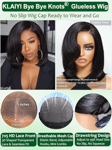 Image of KLAIYI Layered Bob Straight Bye Bye Knots Precut 7x5 Lace Front Wigs Human Hair Side Part Bang Blunt Cut Drawstring Glueless Wear and Go Wig Pre Plucked Bleached 30S Ready to Put On Go Wig 150% 12Inch