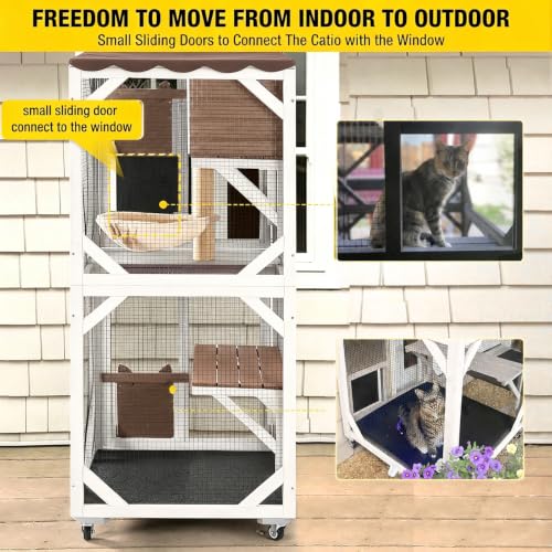 Image of Aivituvin Cat Catio Outdoor Cat House Movable Large Enclosures on Exercise Wheels Kitty Cage with Upgraded Resting Box,Waterproof Cover,24.5 inch L x 23.4 inch W x 62.8 inch H Camel