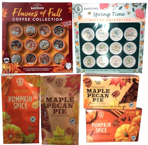 Gourmet Coffee Varietites 12 oz. Ground Coffee and 4.02 oz. Single Serve Pods Fall, Spring, Pumpkin, or Maple Choose Flavors (Maple Pecan Pie, 12 -Brew Cups)