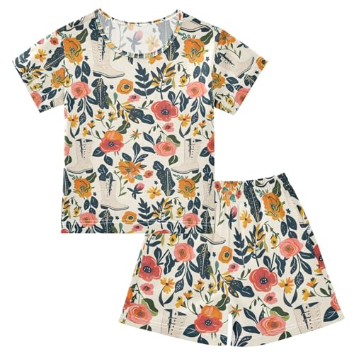 ALAZA Floral Boot Flower Retro Pajamas Set Short Sleeve Cotton Sleepwear Summer Pjs 2 Piece 5-14Y
