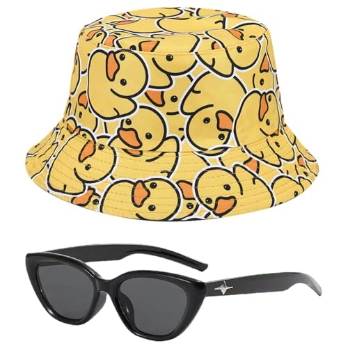 Sombrero De Pescador De Doble Cara Con Gafas De Sol - Pato Amarillo De Dibujos Animados, Borde Ancho, Plegable, Casual De Verano