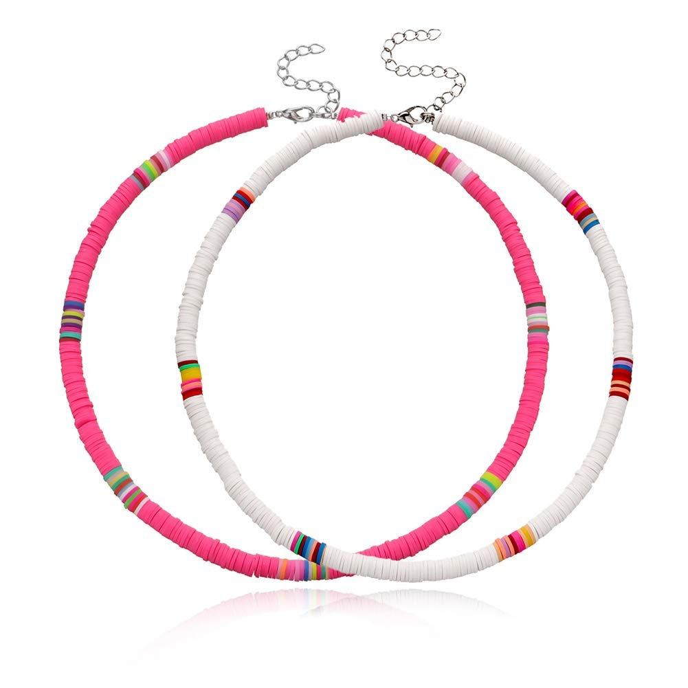 Yeenee 2 pcs Boho Choker Necklace, Surfer Necklace Colorful African Vinyl Disc Beads Necklace Collar Adjustable Handmade Boho Beach Jewelry for Women Girls
