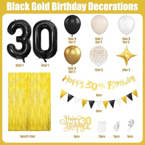 30th Birthday Decorations for Men, Sand White Black Gold 30th Birthday Balloons with Glitter Happy 30th Birthday Banner Fringe Curtain Cake Toppers Number 30 Balloons for Men Women Birthday Decoration — view 2