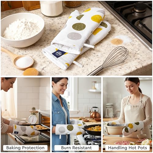 Image of Encasa XO Extra Long 18x35 cm Microwave Oven Gloves Mitts (2 pcs) for Kitchen Cooking - Yellow Moon - Heat Resistant, Thick & Safe, Protection of Hands from Hot Utensils, Gas Flame, Grill, Barbecue
